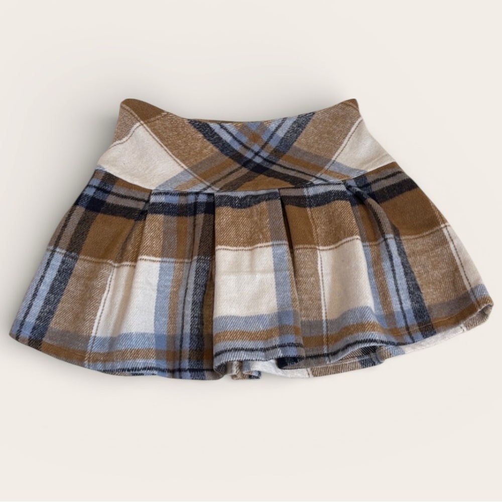 Francesca’s Elsie Plaid Pleated Flippy Mini Skirt - Blue & Tan Wool Blend Medium